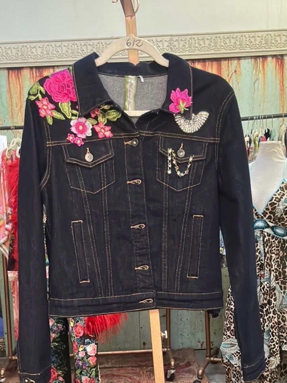 Aratta Black Denim Jacket with Pink Floral Embroidery